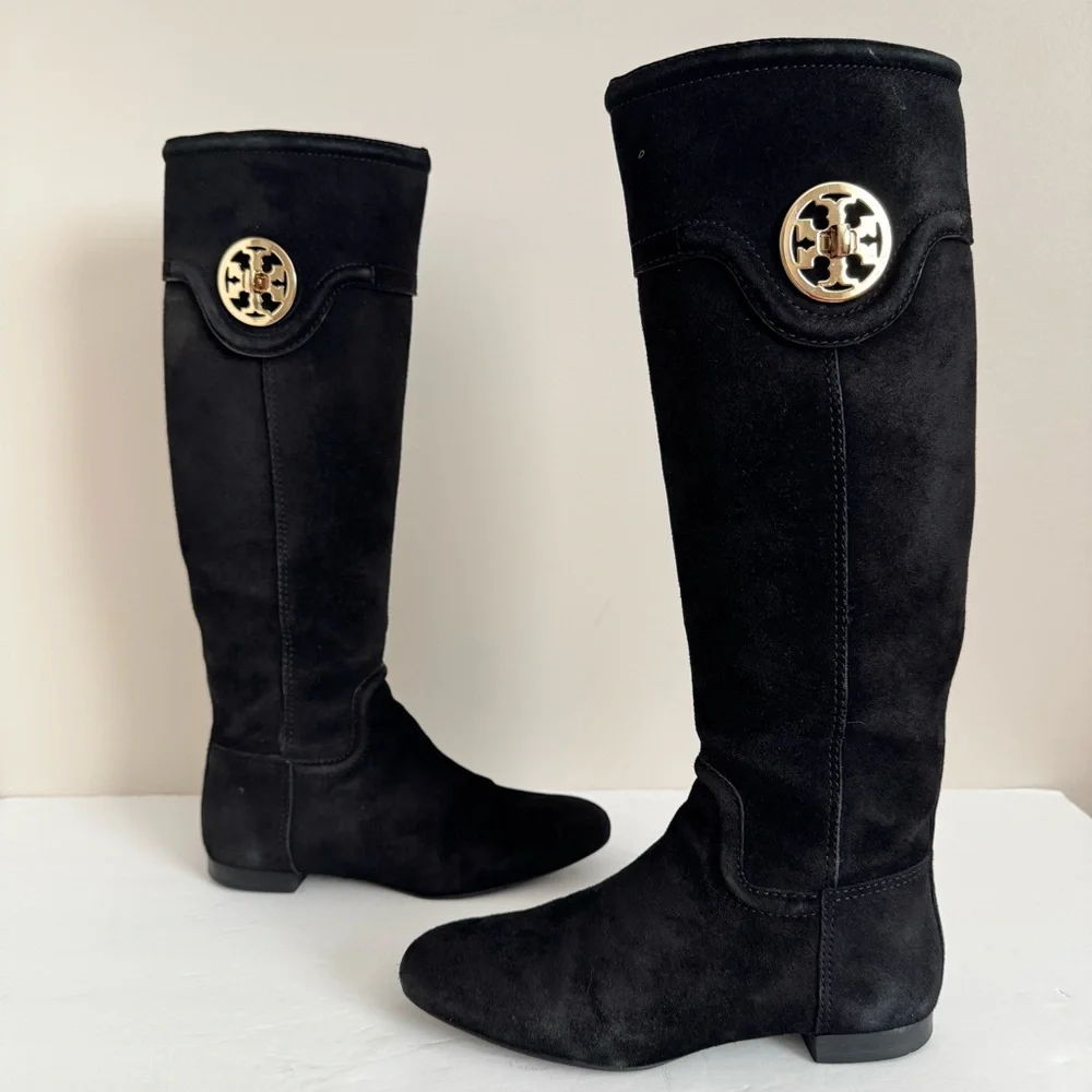 TORY BURCH Selma Black Suede Logo Riding Tall Boot Knee High size 5